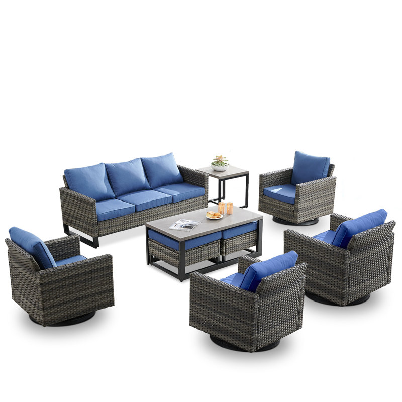 Nazime Wicker 7 - Person Patio Conversation Set with Cushions, Blue