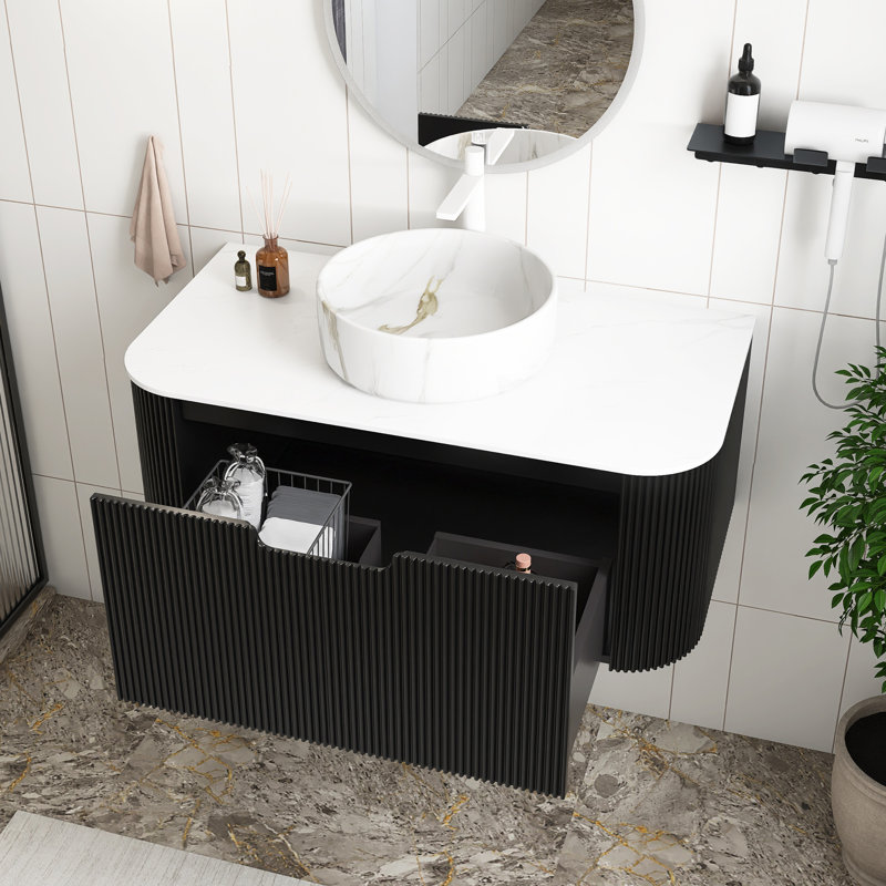 Meuble-lavabo mural avec plateau et tiroir, Noir, Marbre, 36"