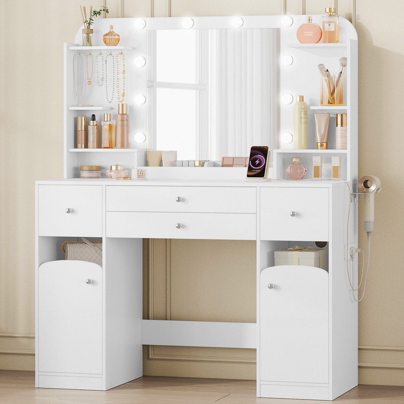 42.5" Large Vanity Desk，Dressing Table with Mirror and LED Light, Power Strip, 4 Drawers, 2 Open Storage Cabinets, and Jewelry Storage for Bedrooms, White