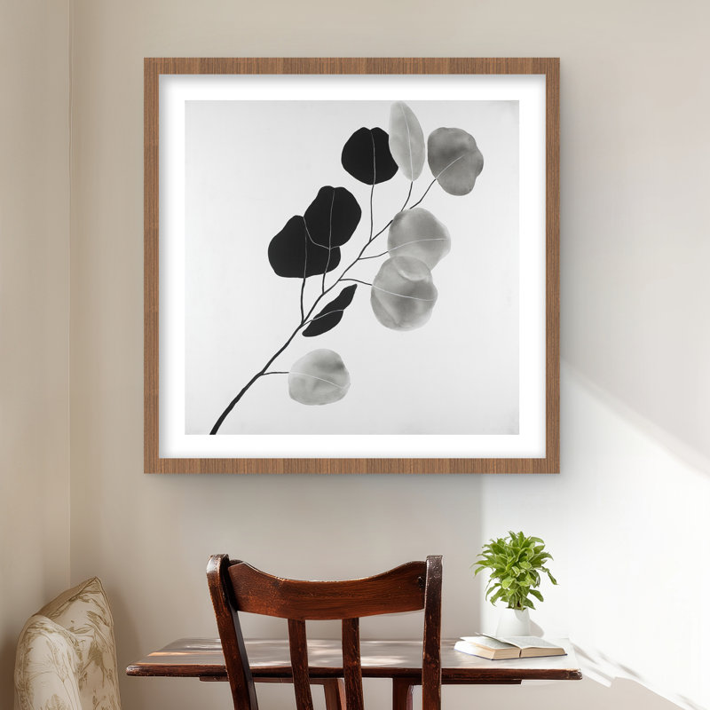 Grayscale Branch with Round Shape Leaves - Botanical Print