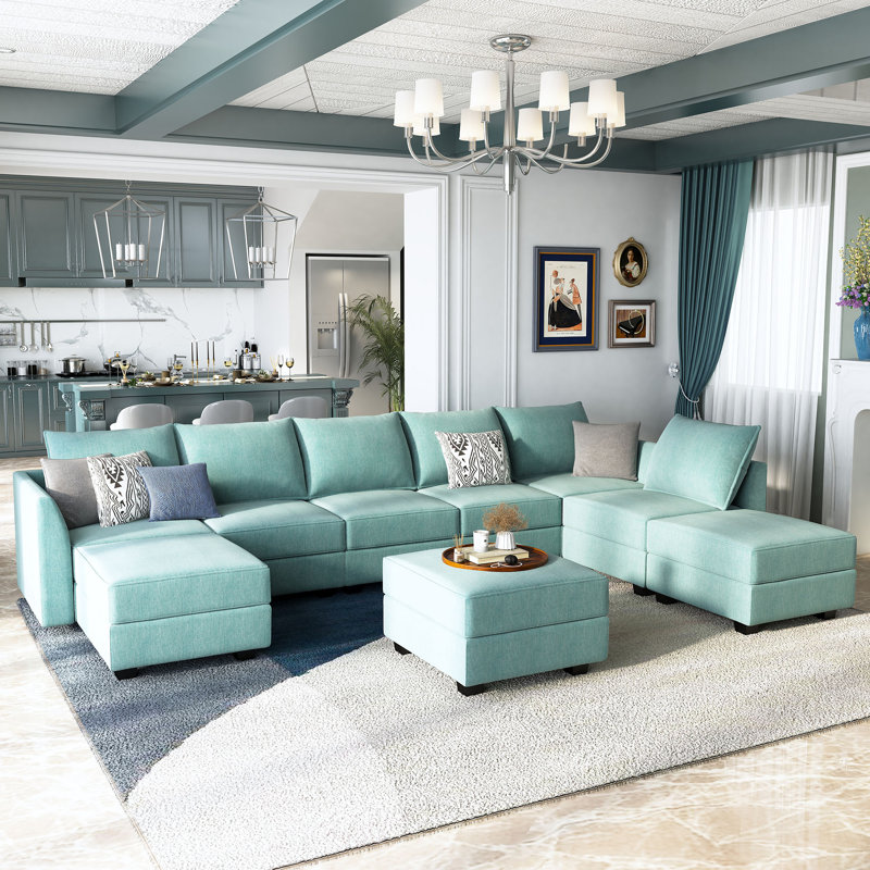 Tremee U-shaped Modular Sectional Sofa with Chaise, Blue Polyester