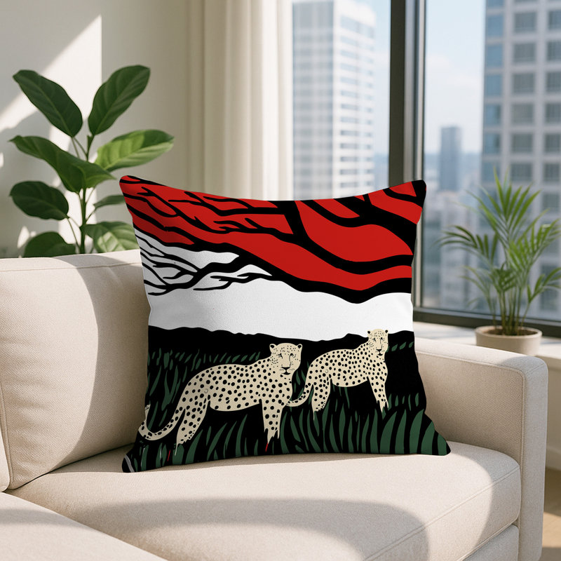 Oreiller carré réversible intérieur / extérieur Vold Leopard, Carré 16 po, Rouge