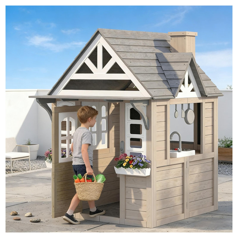 Maisonnette d'extérieur en bois gris avec ensemble de poêle, porte pour chien et jardinières