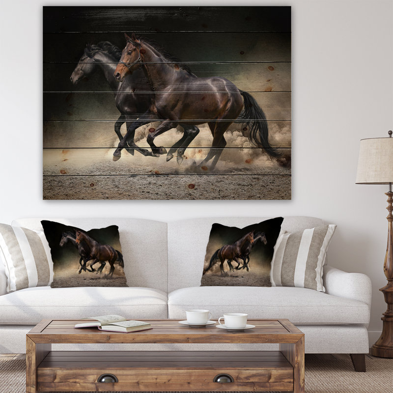 Animaux, chevaux, galop dans le désert, impression, H 30 po x l 40 po x p 1,5 po, Bois