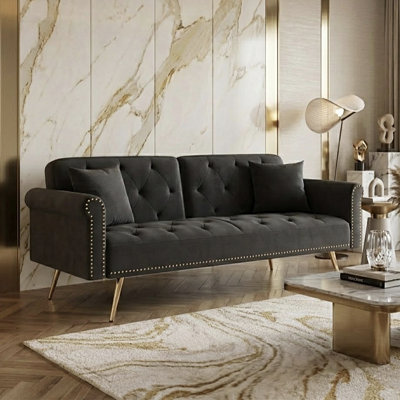 69.7" Glam Velvet Convertible Sofa Bed with Diamond Tufting, Nailhead Trim, and Included Throw Pillows