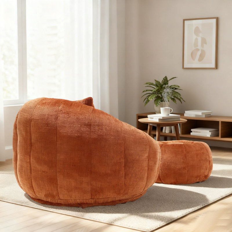 Ensemble de fauteuil à billes et de repose-pieds en mousse viscoélastique Cloud-Like, Chenille orange