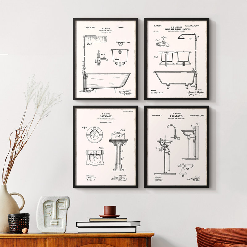 «Vintage Bath I», ensemble de 4 encadrées, Noir, H 10 po x l 8 po