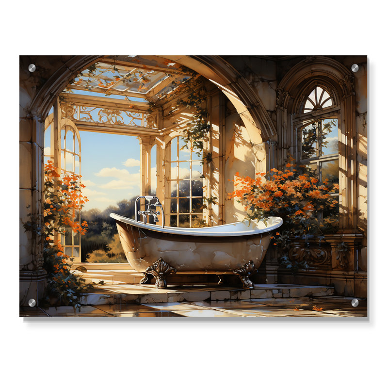 «Bathroom Golden Luxe I» - Art mural en verre acrylique pour salle de bain, H 24 po x l 32 po