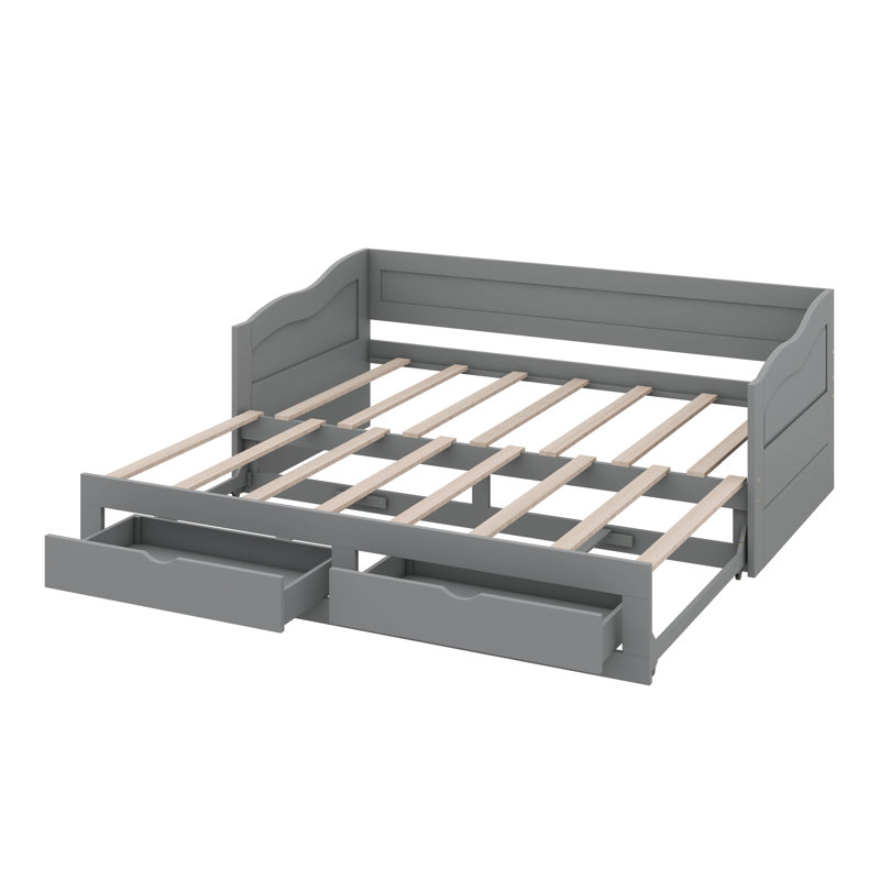 Wooden Twin Daybed With Pull-Out Trundle And Dual Storage Compartments, Extendable Daybed Structure, Gray