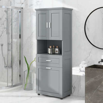 Grande armoire de rangement pour salle de bain, armoire de rangement autoportante avec panier à linge inclinable et armoire supérieure