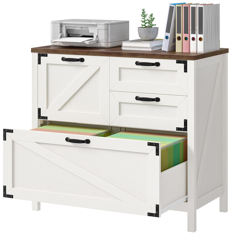 4 Drawer Wooden Horizontal File Cabinet, White/Brown