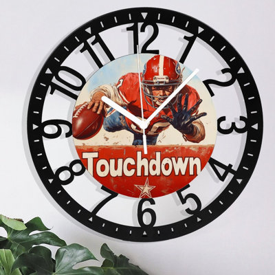 Metal Wall Clock for Living Room -10" Touchdown Sign With Football Player Silent Non Ticking,Battery Operated, Antique Clocks for Farmhouse,Bedroom,Kitchen - Arabic Numerals
