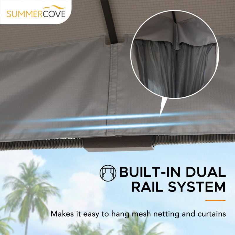 Sunjoy Outdoor Patio Steel Frame 11 x 13 ft. 2-Tier Soft Top Gazebo with Light Gray Canopy Roof, Netting and Curtains, Gray