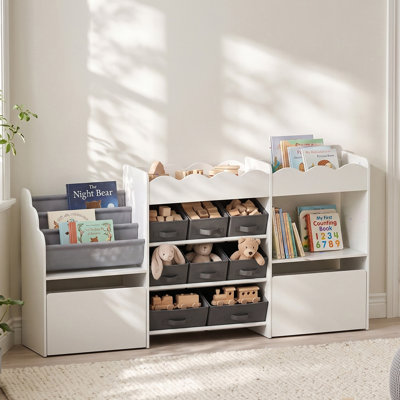 Rangement pour jouets d'enfants, étagère à livres avec 8 bacs en tissu, 2 tiroirs à roulettes, porte-revues, étagères ouvertes, pour salle de jeux ou chambre, 3 à 8 ans, blanc