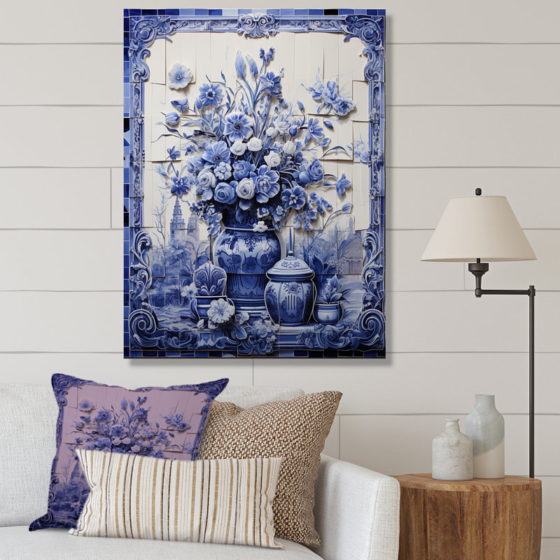Art mural bleu et blanc Boho Flower Pottery II - Boho Pottery, H 32 po x l 16 po x P 1 po, Toile tendue