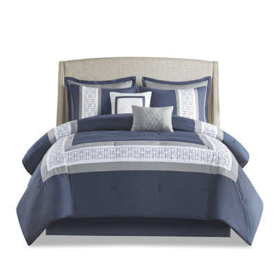 King 8 Piece Embroidered Comforter - Navy, Grey, White, Bedding Navy With Euro Shams