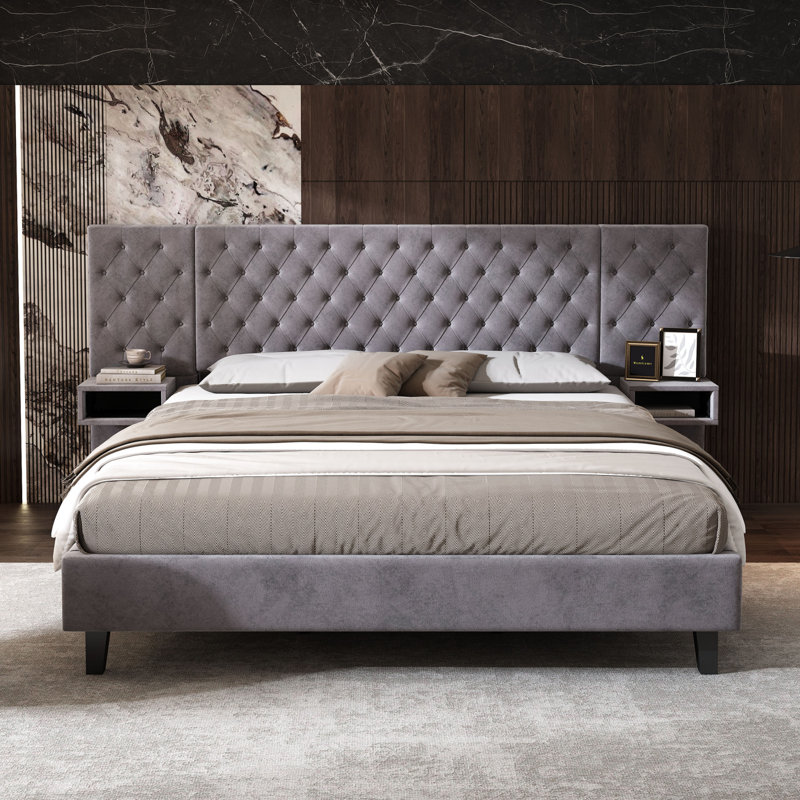 Grand lit plateforme avec tête de lit, lit plateforme tapissier moderne en velours avec 2 tables de chevet, capitonné à motif de losanges, beige