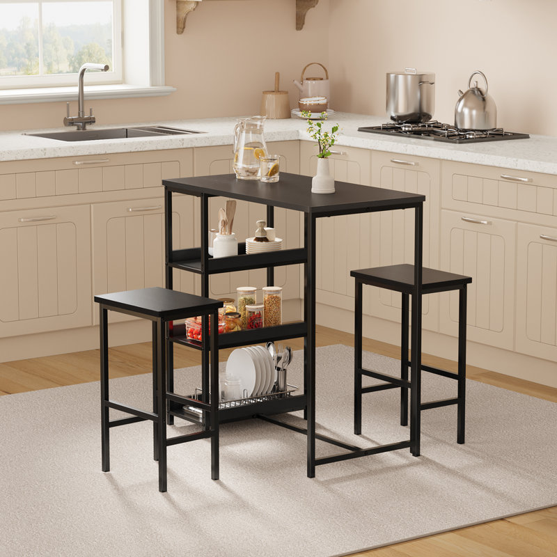 Ensemble de table de cuisine 3 pièces avec tablettes de rangement, table de salle à manger compacte et 2 tabourets de bar, ensemble de table compacte pour petits espaces