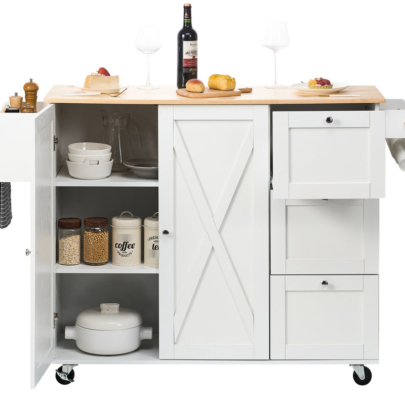 Îlot de cuisine avec plateau en bois massif, chariot de cuisine mobile avec support à épices, porte-serviettes, abattant et tiroir