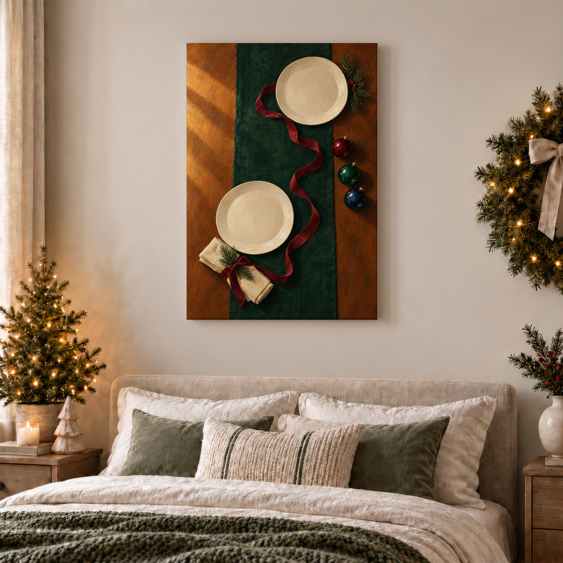 Art de la table avec des plaques blanches et un ruban rouge, H 36 po x l 24 po