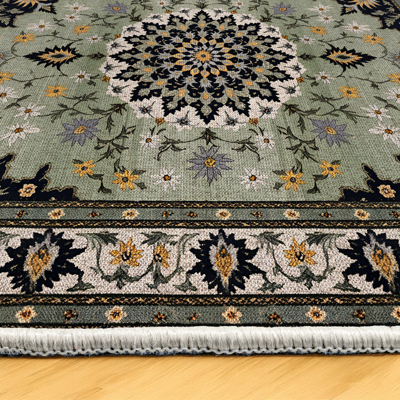 Nancy Collection Digital Print Cotton-Polyester Green Moroccan Rug, Runner 6'7" x 13'2"
