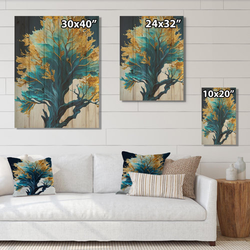 House of Hampton® Abstract Blue And Gold Leaves IV On Wood Print | Wayfair