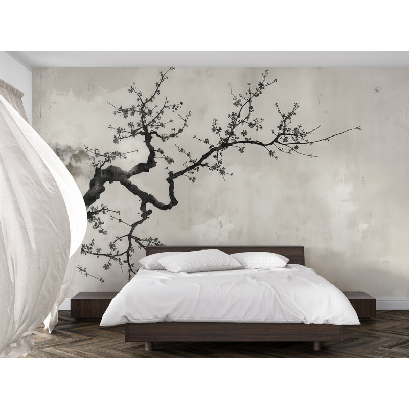Murale de fleurs de cerisier du Japon | Papier peint nature minimaliste, 100 po x 145 po, Texture de toile de luxe