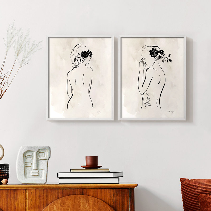 Dessin au trait romantique I - impression encadrée de qualité supérieure - prêt à être accroché - aucun clou requis - aucun clou requis