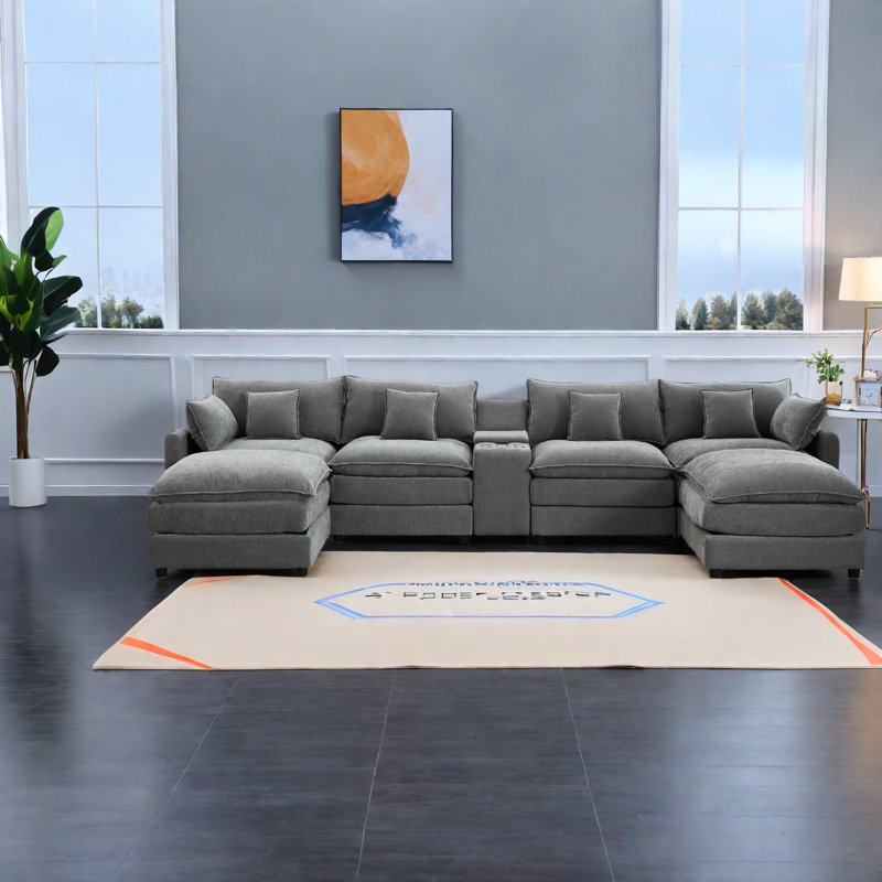 Compression U Shaped Sofas, Chenille 145 Inch Modern Console Home Seating