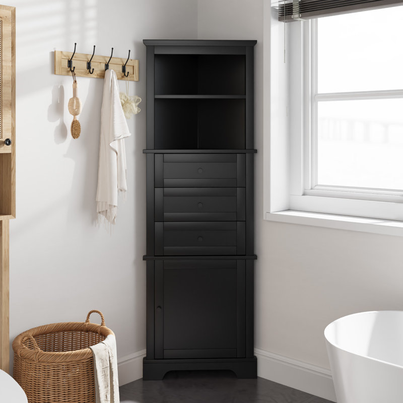 68.9" Tall  Corner Storage Cabinet With Open Shelf, Drawers  And Door, Black