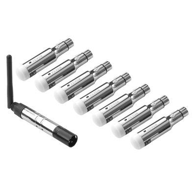 DMX Wireless Receiver, 7 Receivers & 1 Transmitter, 2.4G ISM Band, 656 ft Transmission Range, Rechargeable Battery, Wireless Stage Lighting Control, for LED Stage Party DJ Bar Lighting, Silver