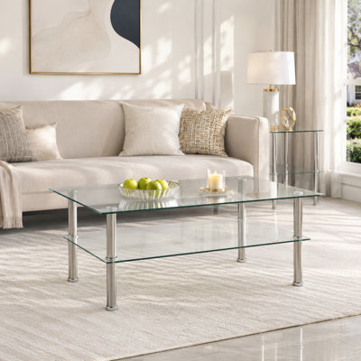 Modern 2-Tier Rectangular Glass Coffee Table with Metal Frame