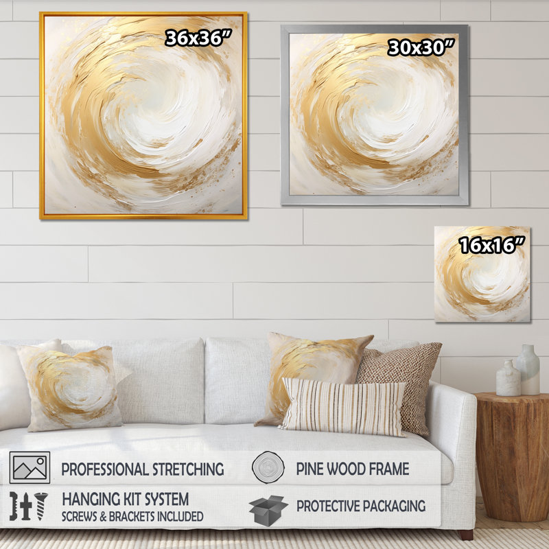 Vortex doux doré et blanc I - art abstrait spirales, H 30 po x l 30 po x P 1 po, Toile tendue
