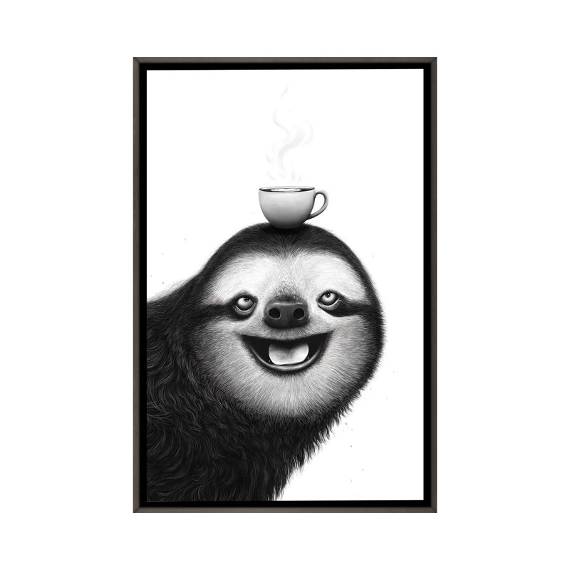 Paresseux avec cappuccino - reproduction d'art murale - toile encadrée, 48" x 32", Toile avec cadre, Grey