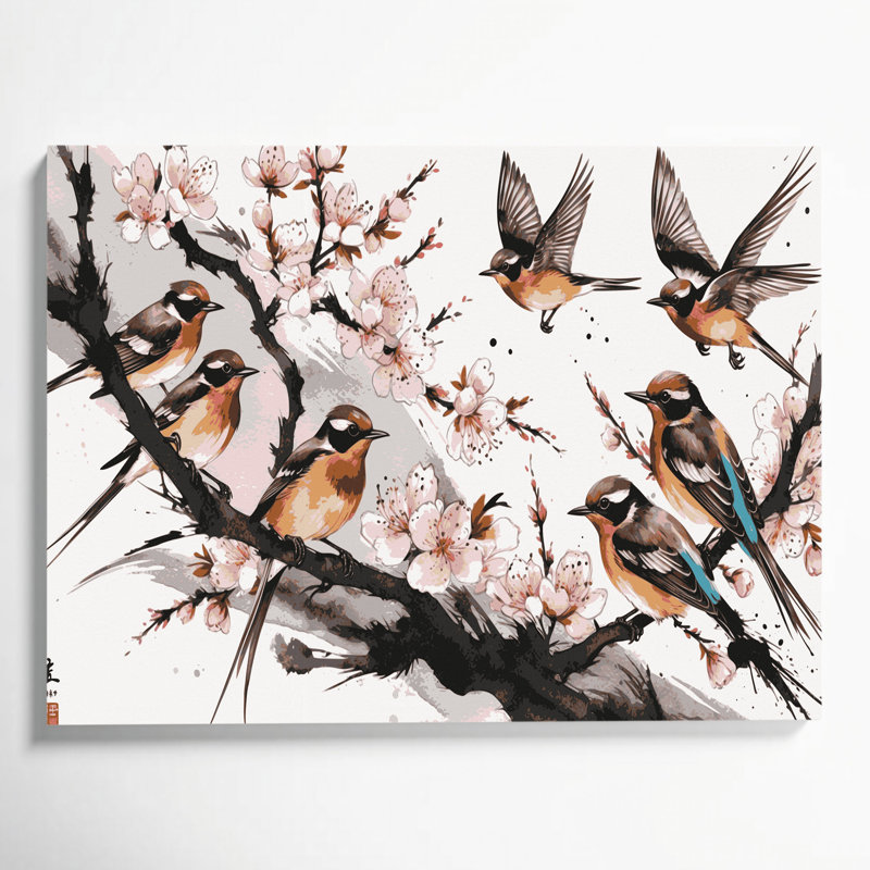 Oiseaux, art asiatique sur toile brun, H 11 po x l 14 po