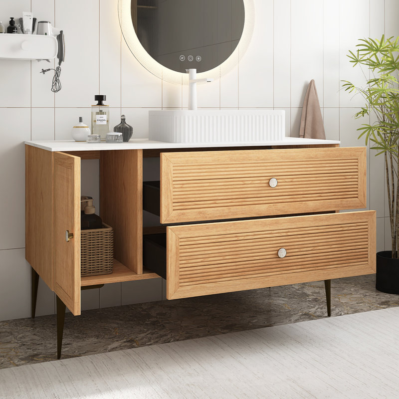 Meuble-lavabo de salle de bain autoportant en contreplaqué pré-assemblé avec lavabo rectangulaire en céramique blanc avec plateau en grain de bois de chêne
