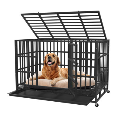 Cage pour chien robuste de 38 po Yokwok, cage pour chien en acier à l'épreuve des fuites, cage pour chien Indestructible High Anxiety pour l'extérieur et l'intérieur avec serrure et roues, porte double et plateau amovible, noir