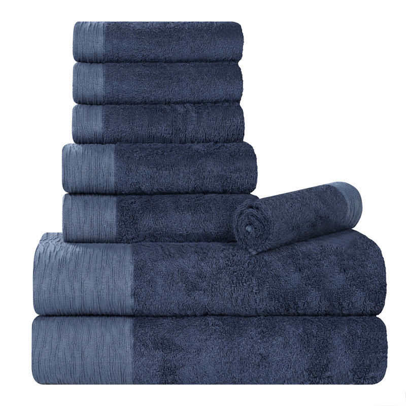 Rayon From Bamboo Cotton Blend Eco-Friendly Hypoallergenic Soft Solid Towel Set, Navy Blue, 8 Piece Towel Set