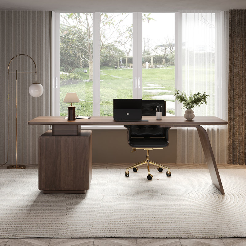 Modern Luxury Walnut Finish Desk With Storage Drawers And Built-In Power Outlets Home Office Study Workstation