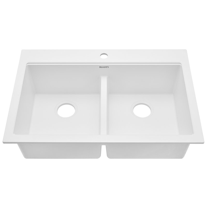 Ruvati 33-inch Drop-in Topmount Workstation 50/50 Double Bowl Granite Composite Quartz Kitchen Sink, Arctic White