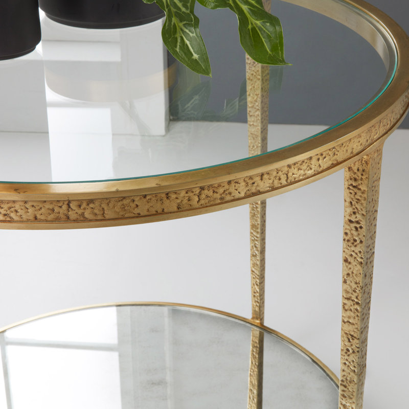 Sculpture Glass End Table, Antique Brass