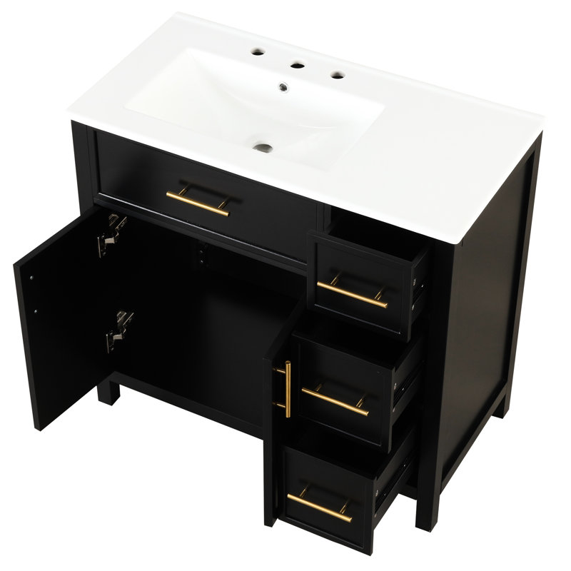 Meuble-lavabo de 36 pouces avec lavabo à gauche, armoire et deux portes en bois massif, trois tiroirs, finition peinte, poignées dorées pour un accès facile au lavabo de 36 pouces, construction, portes, eau