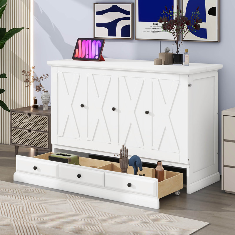 Armoire-lit escamotable avec commode et grand tiroir de rangement Murphy, Blanc, Double
