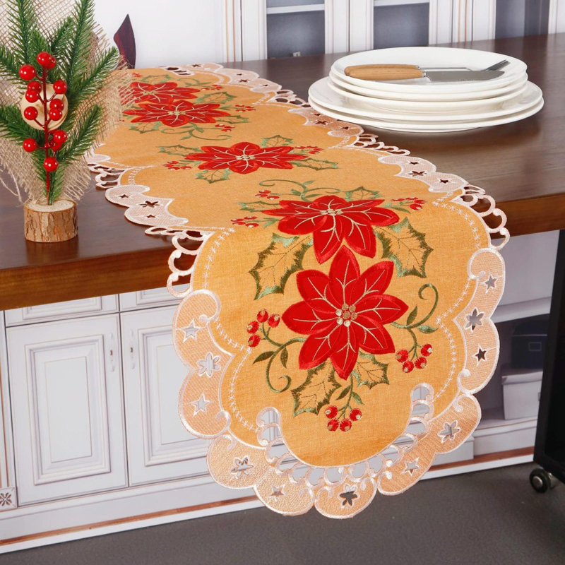 Christmas Holiday Table Runner For Farmhouse Parties Embroidered Red Christmas Flower Dresser Scarves Xmas Home Kitchen Dinner Table Decoration