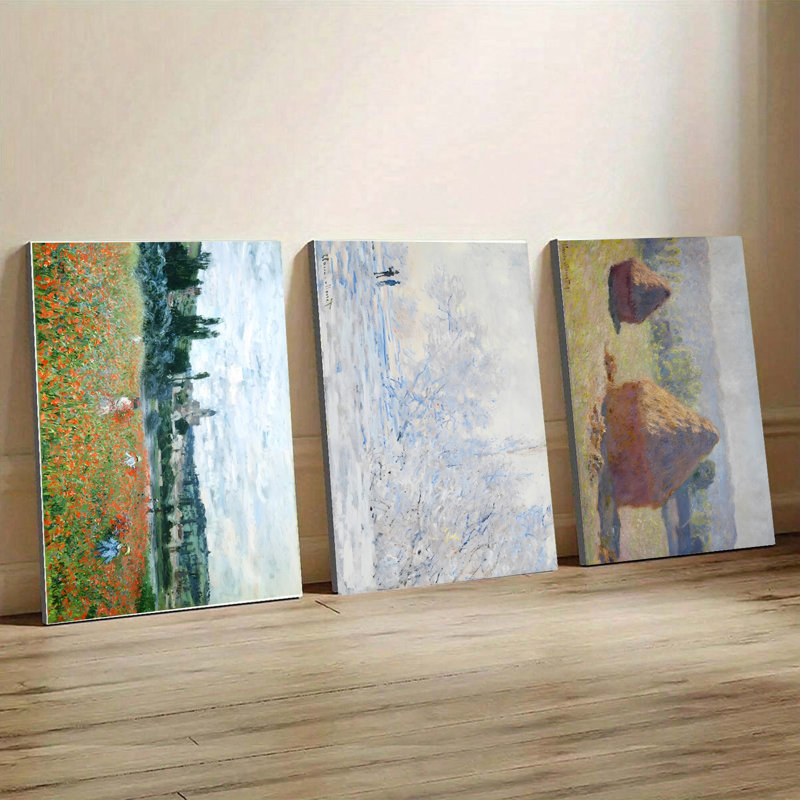 Ensemble de 3 affiches encadrées, triptyque sur toile inspiré des chefs-d'œuvre de Monet : Champ de coquelicots, Nymphéas et Meules de foin. Décoration murale vintage impressionniste pour salon, chambre à coucher et bureau.