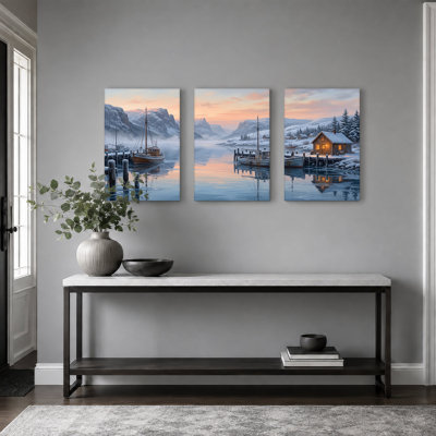 Port d'hiver avec bateaux en bois et montagnes enneigées, ensemble de 3 toiles