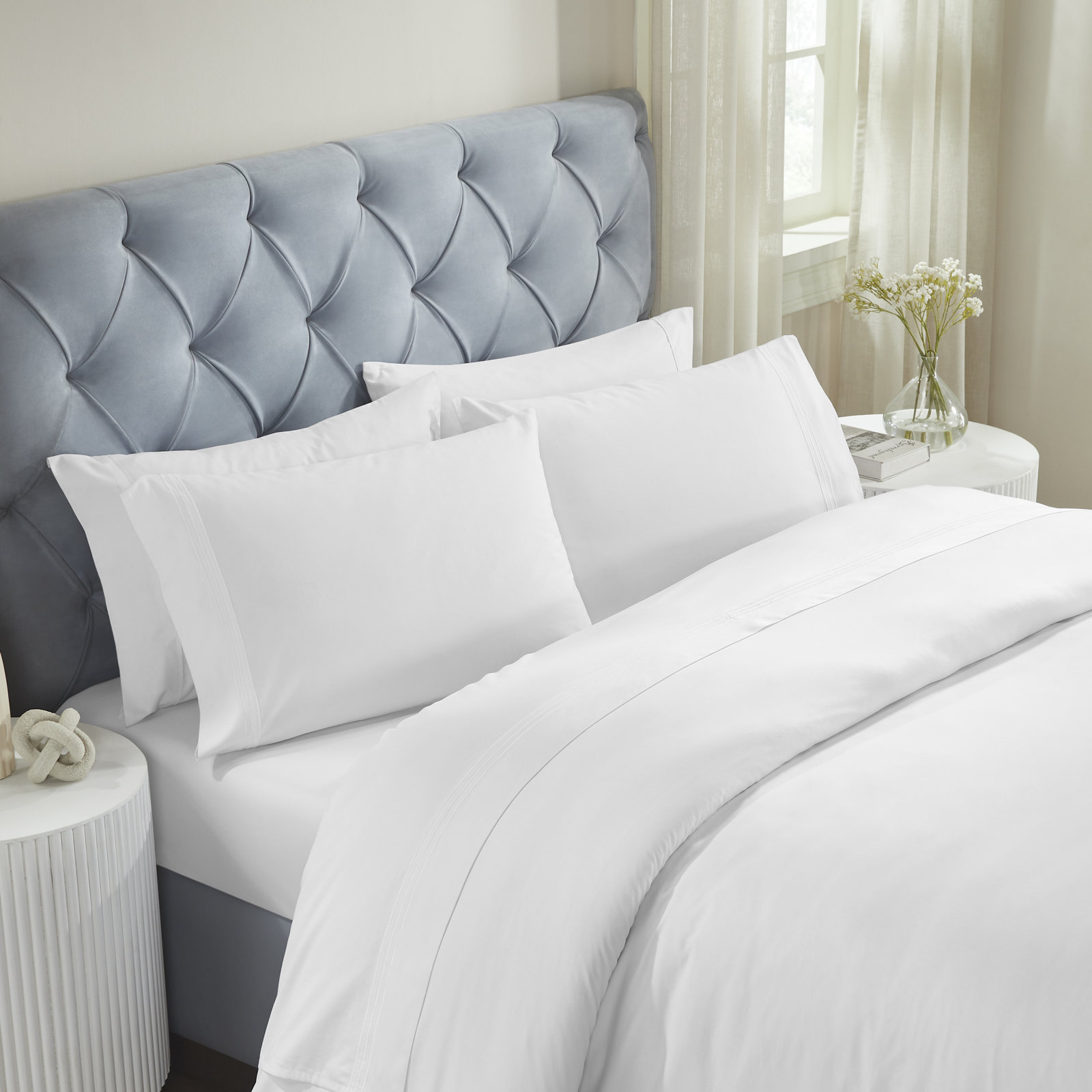 Brandon Cotton Three-Line Embroidered Deep Pocket Bed Sheet Set by Superior, California King Sheet Set with 2 Pillowcases