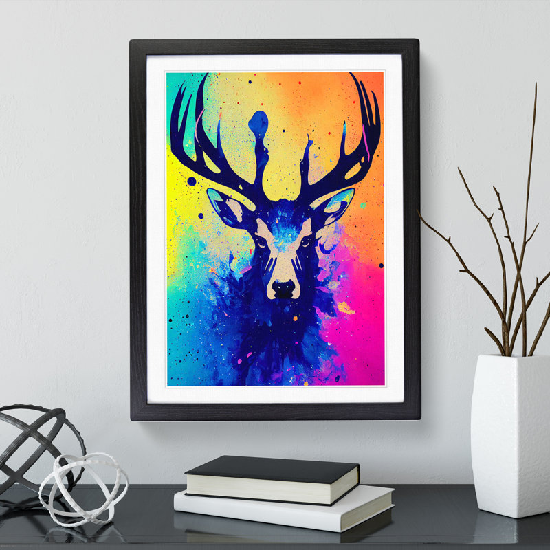 Colourful Stag No.1 - Single Picture Frame Print, 64cm H x 46cm W x 2cm D, Black
