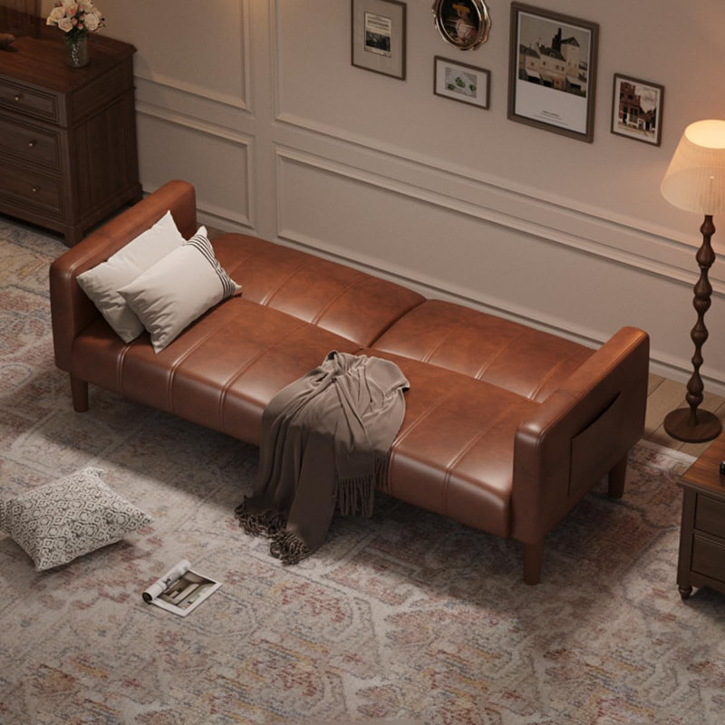 Canapé-lit futon en cuir 75 po, causeuse convertible, dossier réglable, poches latérales, canapé-lit peu encombrant pour petits espaces