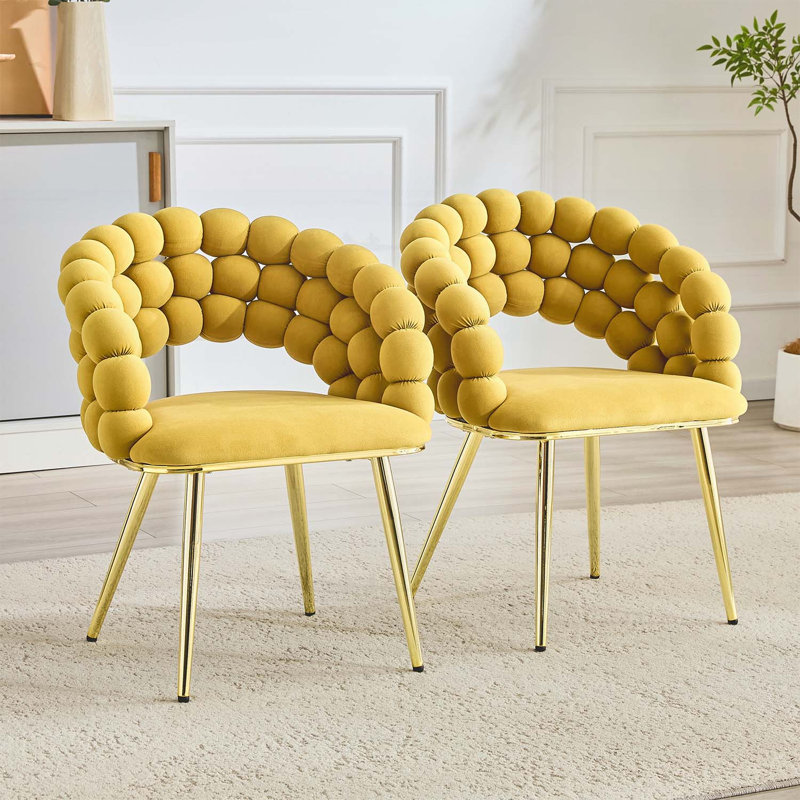 Ensemble de 2 chaises de salle à manger en velours à bulles avec dossier rembourré et pieds en métal doré, chaises d'appoint modernes et rembourrées pour différents styles d'intérieur